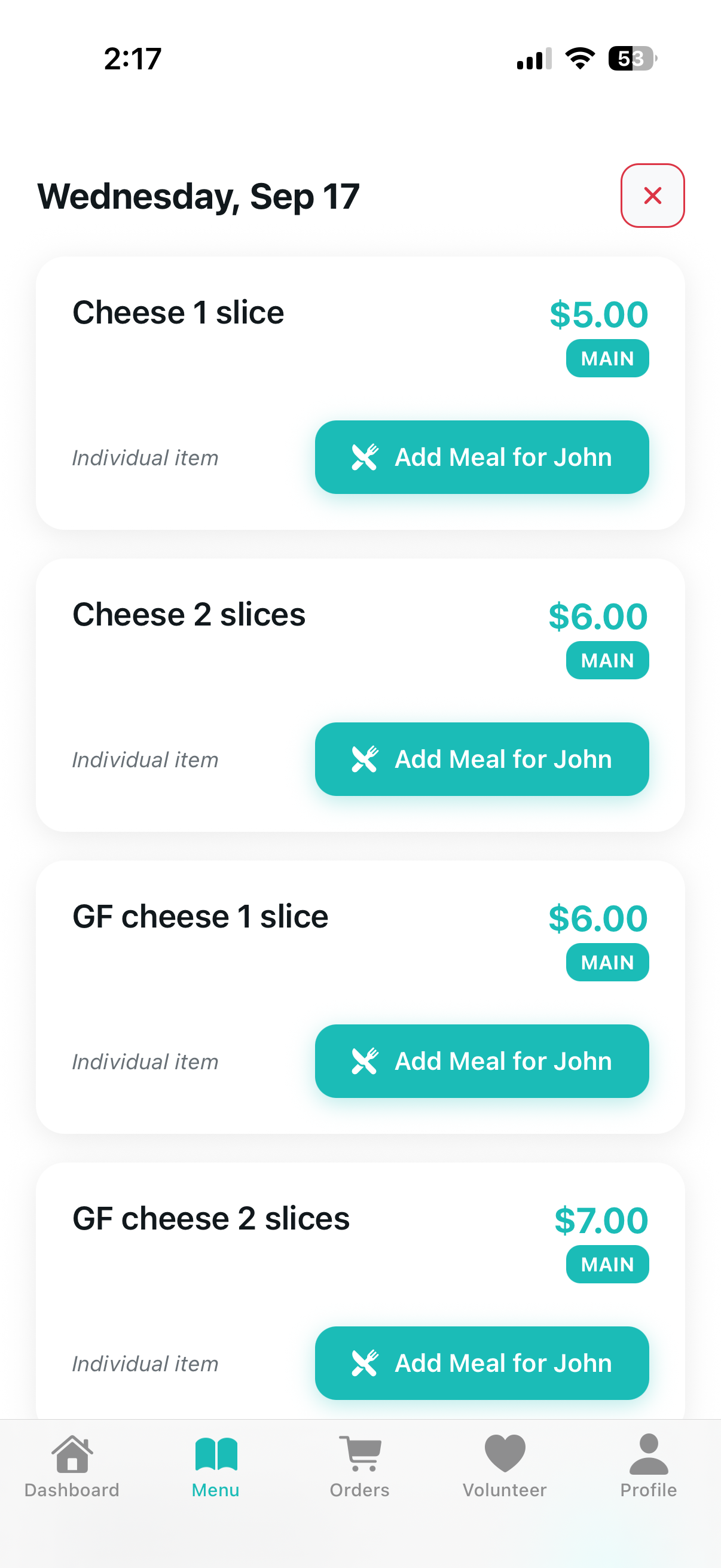 Hope Lunch Menu